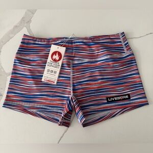 Livesore Women’s Bike Shorts White Blue & Red Striped Size L NWT!!